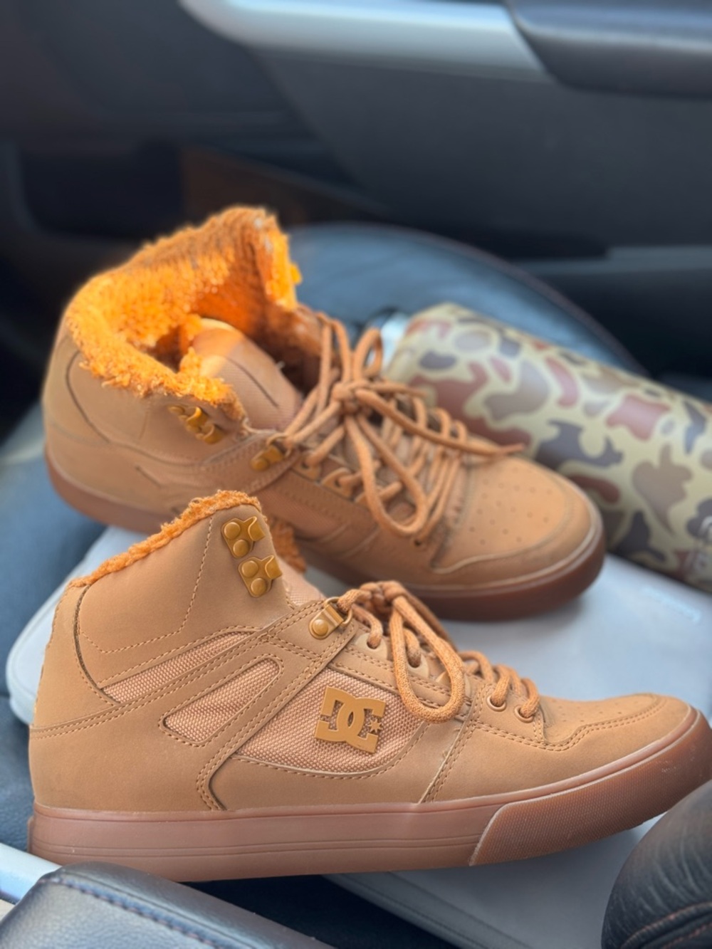 DC Tan High-Top Sneakers with Orange Lined Collar